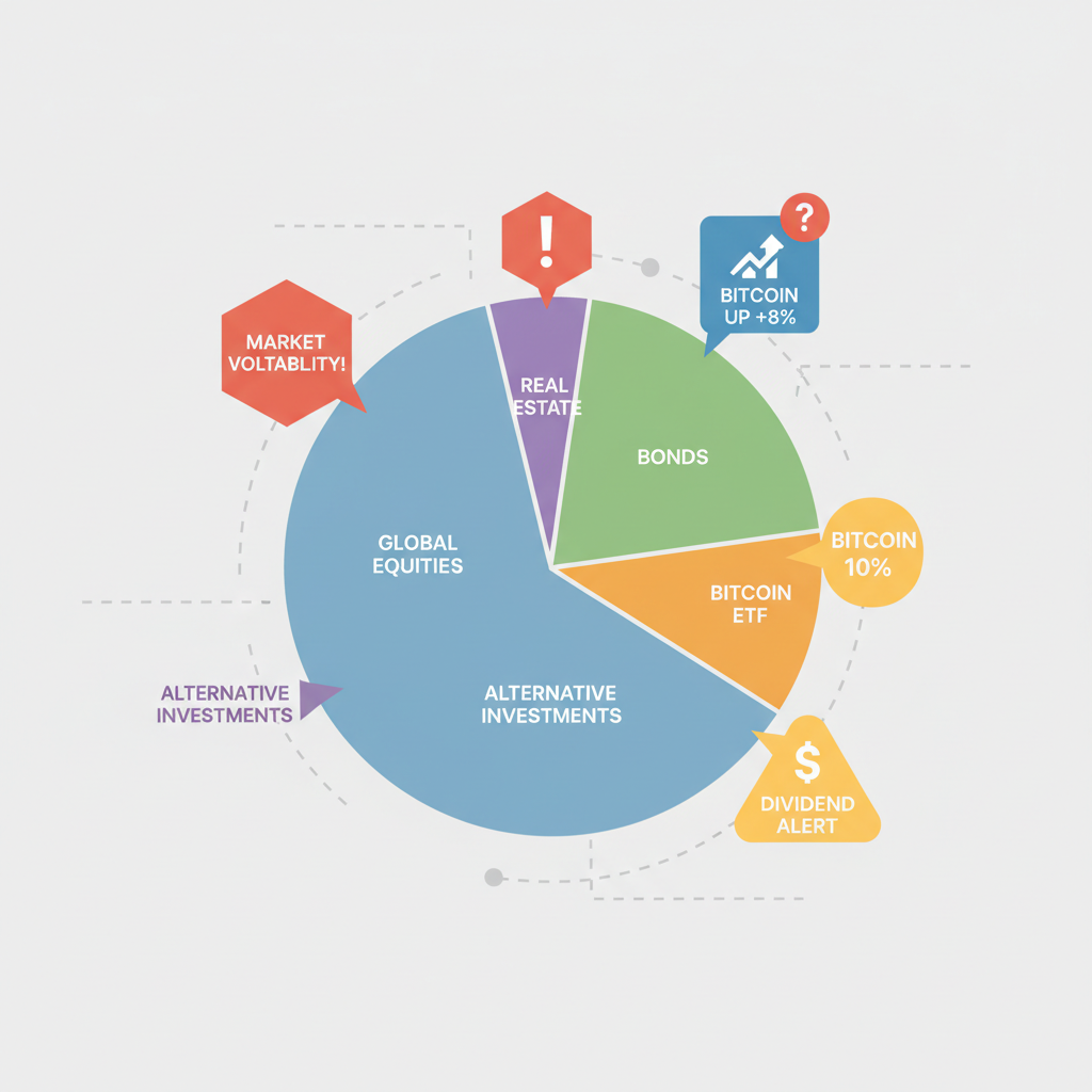 portfolio diversification pie chart with 10% bitcoin ETF slice, alert notifications popping up, colorful balanced graphics