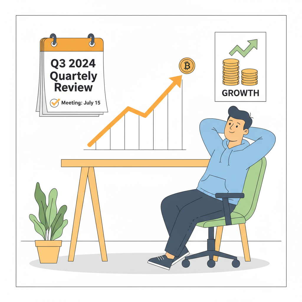 calendar showing quarterly review, bitcoin price chart trending up, relaxed investor at desk, motivational finance art
