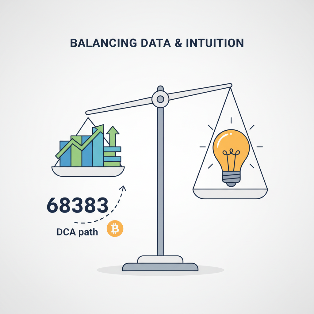 scale balancing data charts and intuition lightbulb, Bitcoin price at 68383, DCA path upward