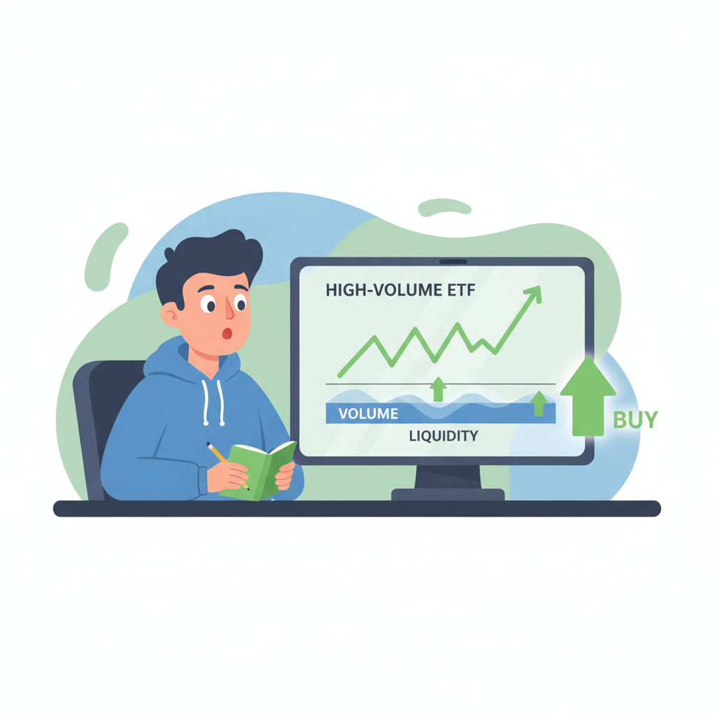 beginner investor checking high-volume ETF chart on screen, liquidity waves, green arrows up, modern finance style