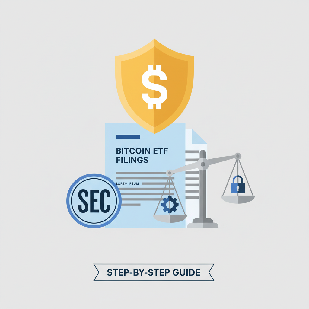 shield icon over Bitcoin ETF documents, SEC badge, regulatory balance scale