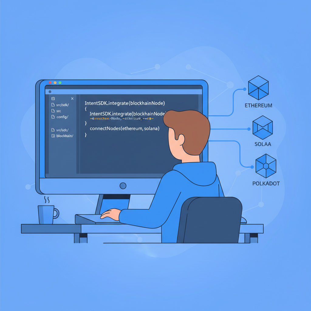 developer coding intent SDK integration, blockchain nodes connected, clean code editor, blue tones
