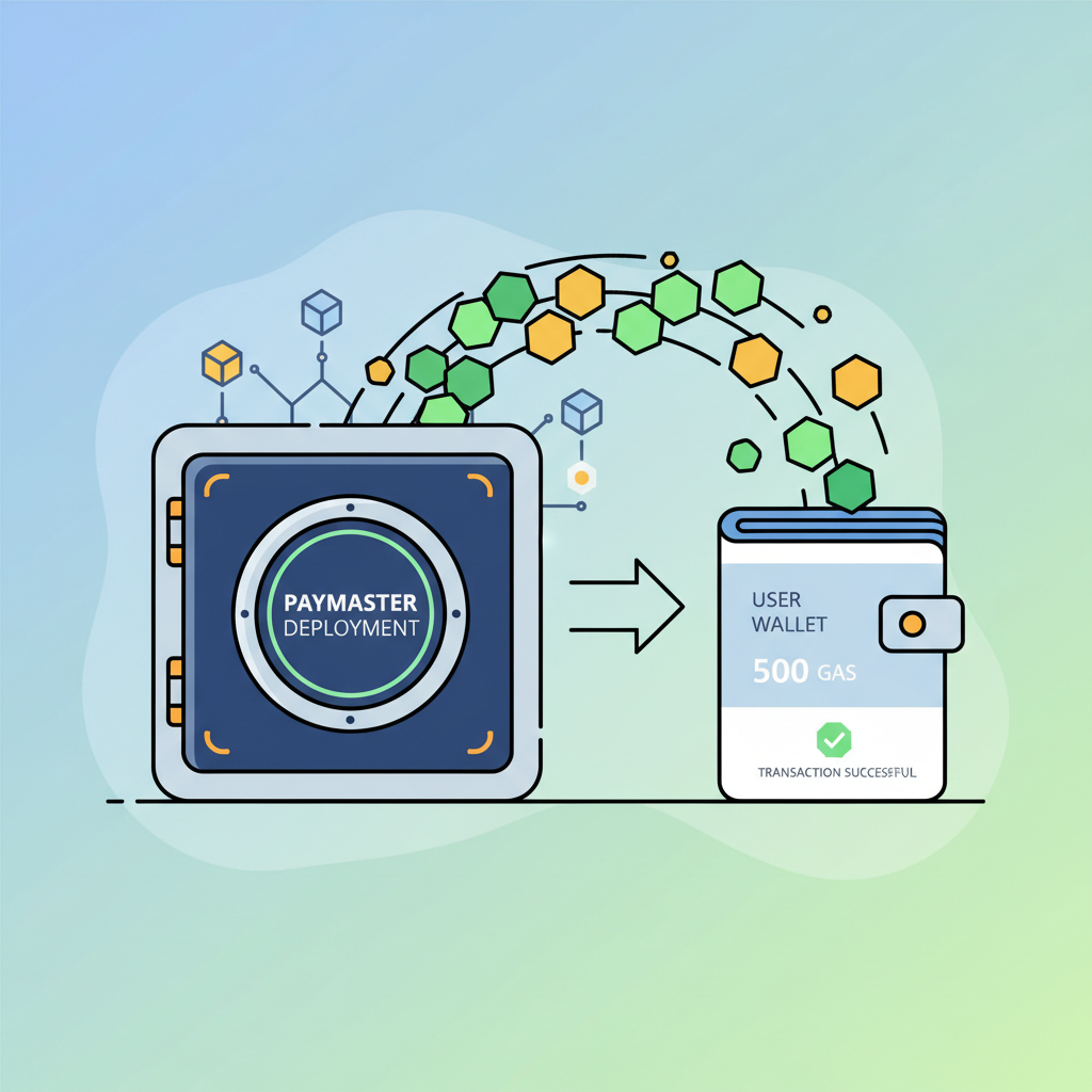 paymaster smart contract deployment, gas tokens flowing, wallet interface, secure vault aesthetic