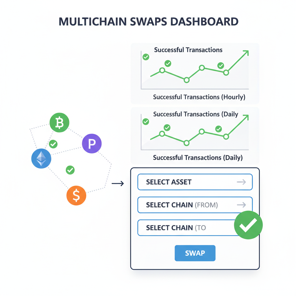 testing multichain swaps dashboard, graphs of successful transactions, multiple blockchain icons, green checkmarks