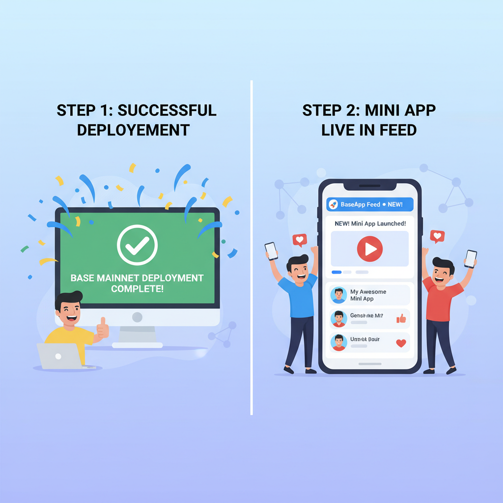 successful deployment screen to Base mainnet, Mini App live in BaseApp feed, celebration graphics