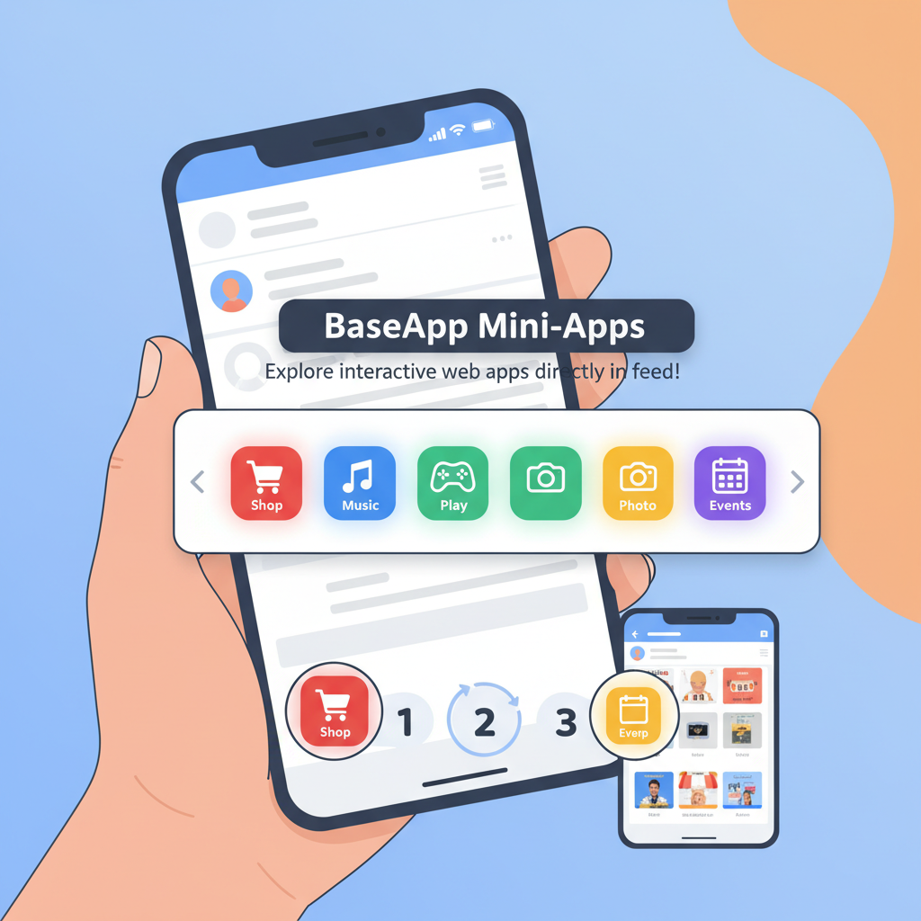 BaseApp mini-apps carousel, interactive web apps in social feed, colorful icons