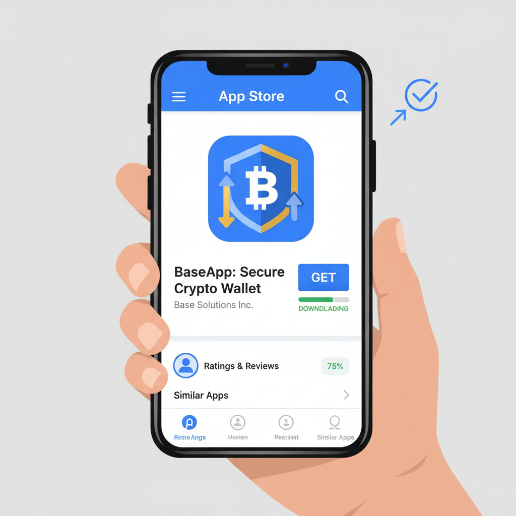 mobile phone screen showing BaseApp download from app store, clean UI, crypto theme