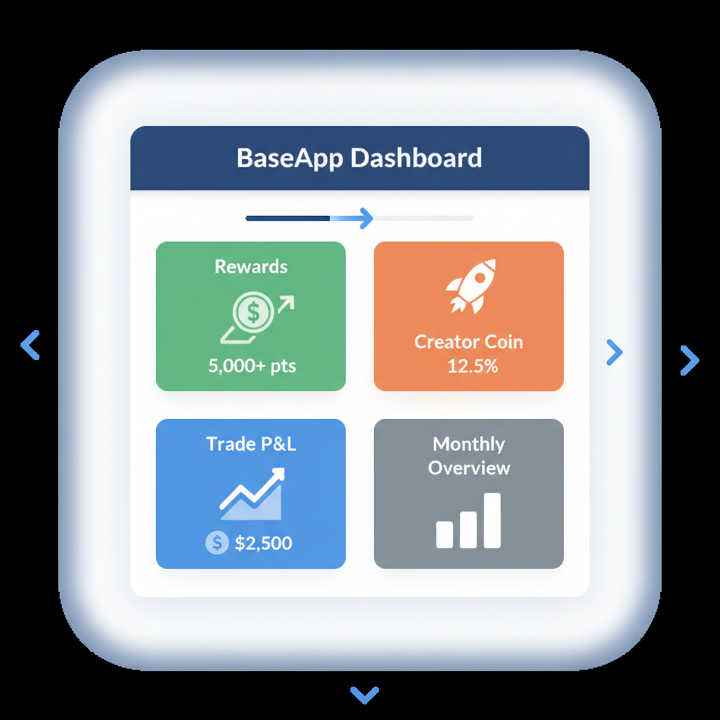 BaseApp earnings dashboard showing rewards, trade P&L, creator coin growth