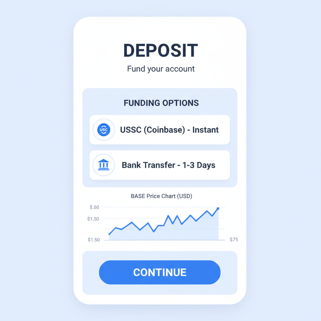 BaseApp deposit screen showing USDC funding options and BASE price chart