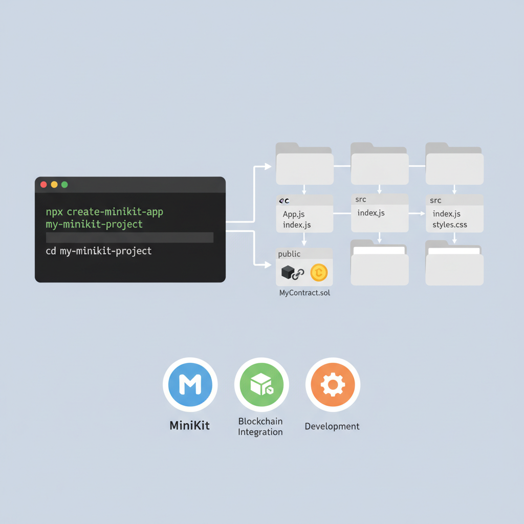 command line creating MiniKit app project, folder structure appearing, Base blockchain icons
