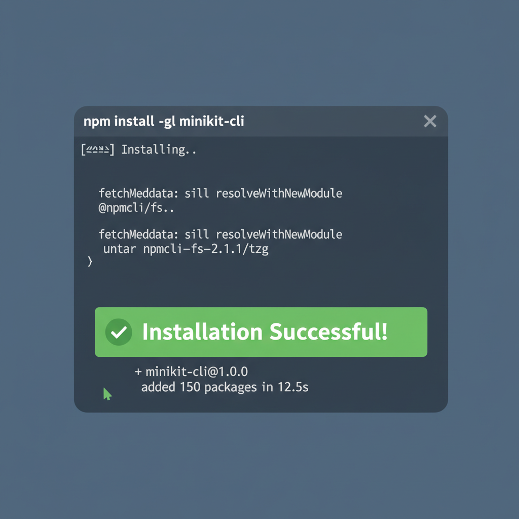 terminal window installing MiniKit CLI via npm, code scrolling, green success message