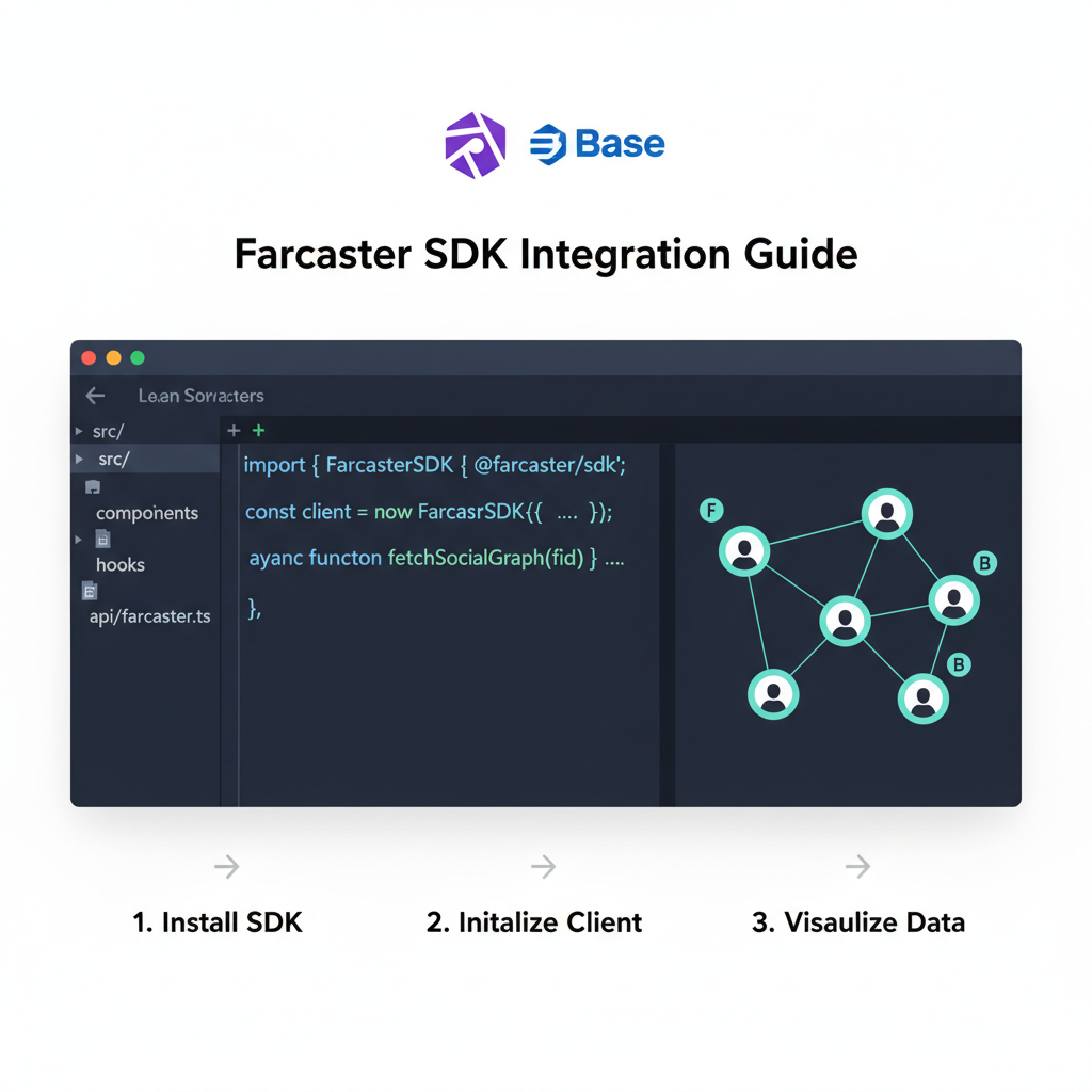 code editor with Farcaster SDK integration, social graph visualization, Farcaster and Base logos