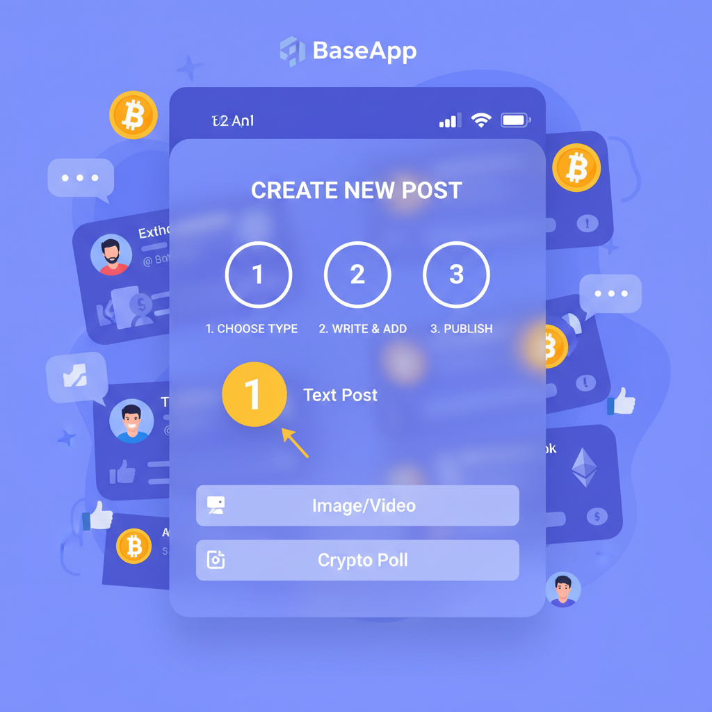 BaseApp social feed with new post composer open, vibrant crypto community vibe