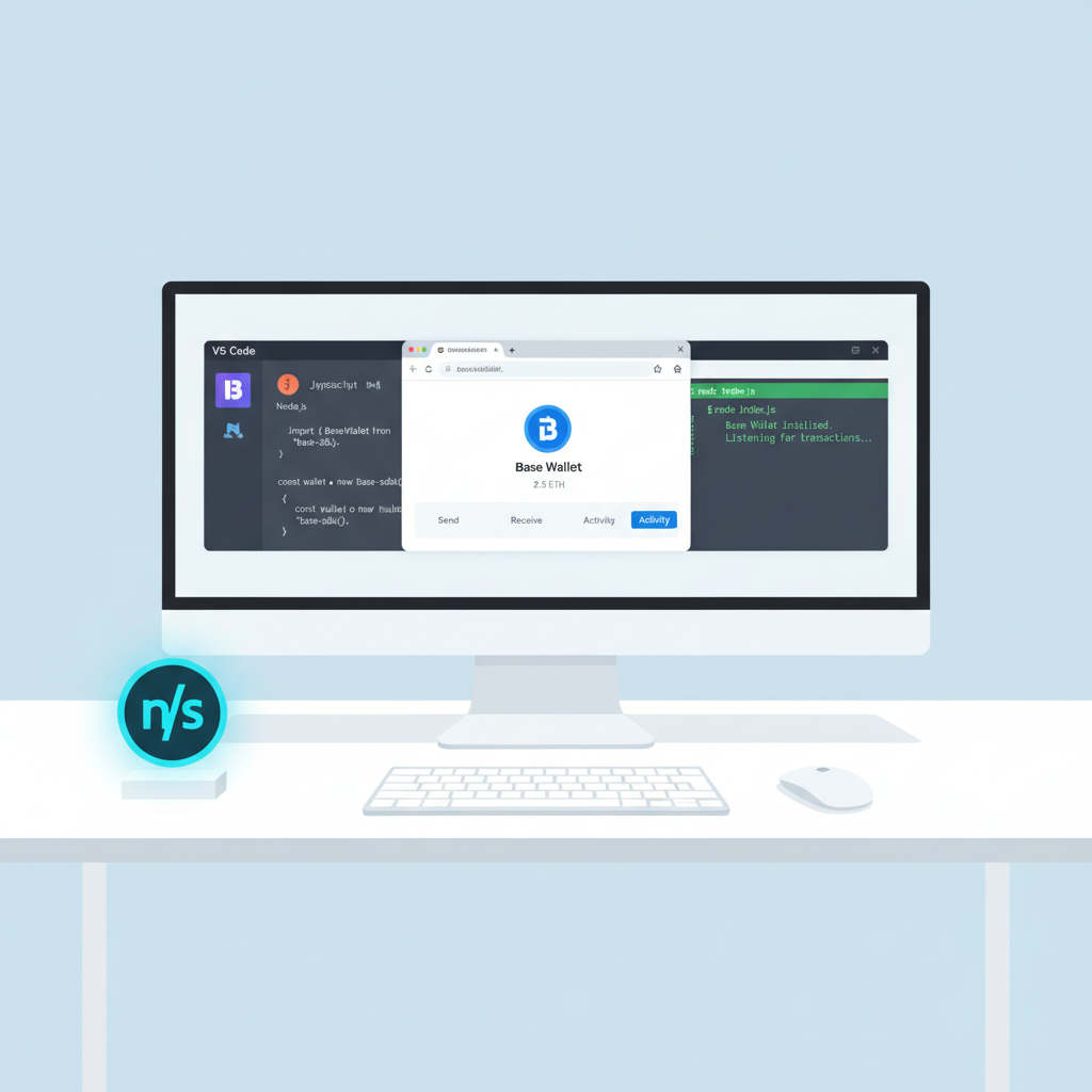 developer workstation with Node.js, VS Code, Base wallet open on screen, clean modern setup