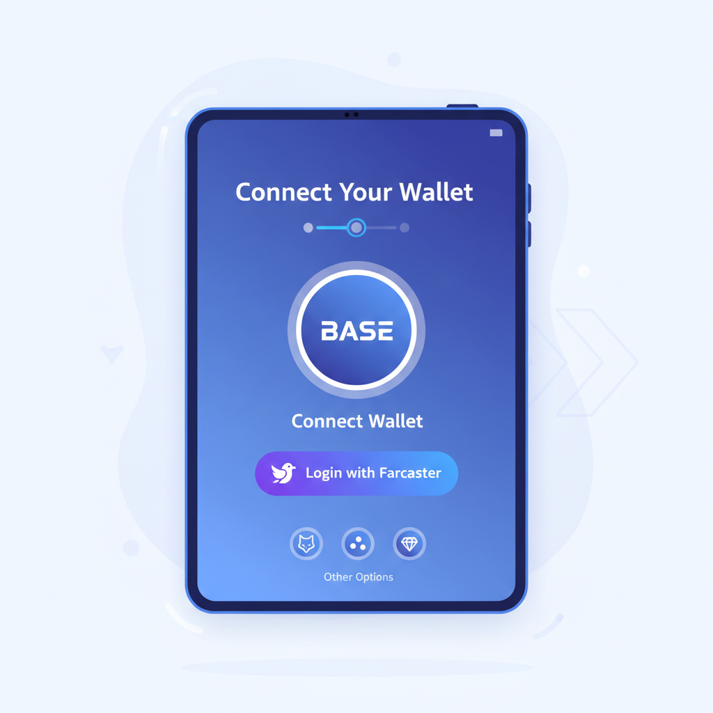 BaseApp wallet setup screen with connect button and Farcaster login, futuristic interface