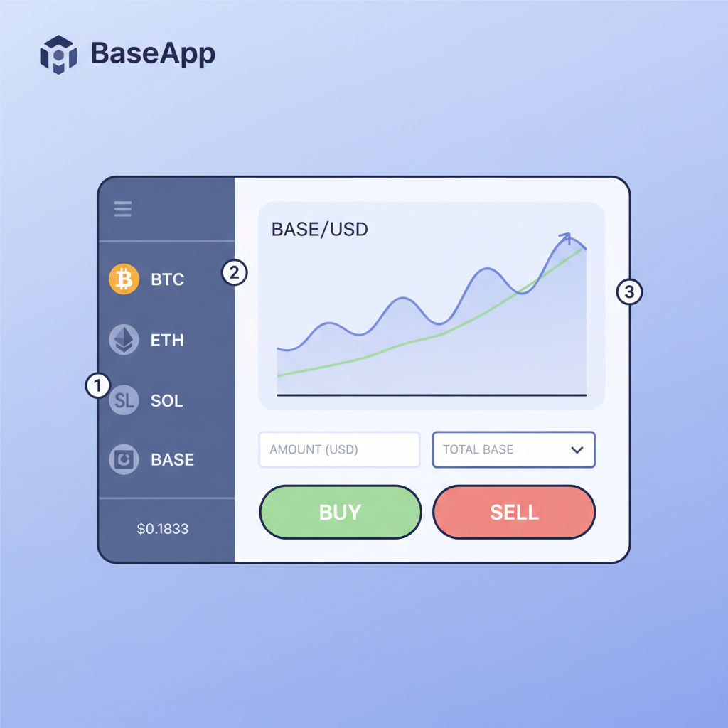 BaseApp trading dashboard with asset list, BASE price $0.1833 chart, buy/sell buttons