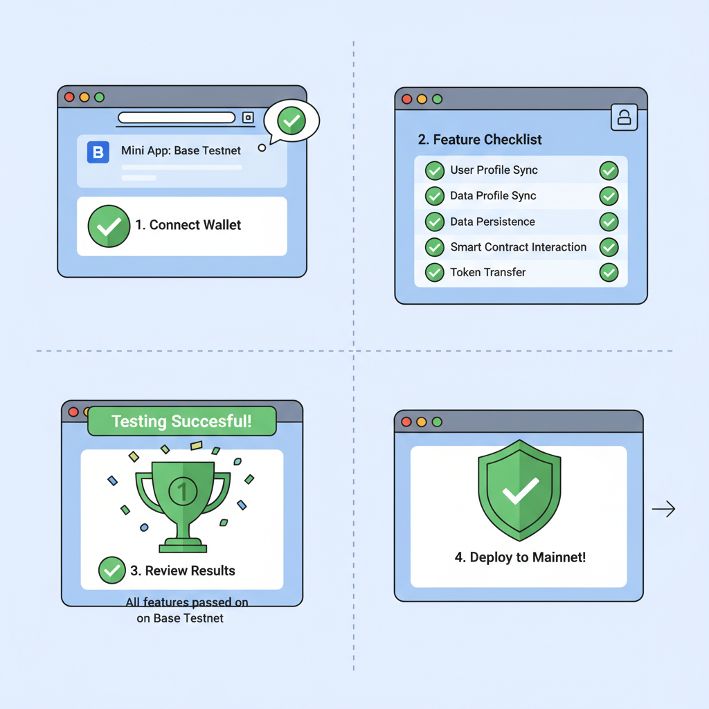 browser testing Mini App on Base testnet, checklist of features, green pass icons
