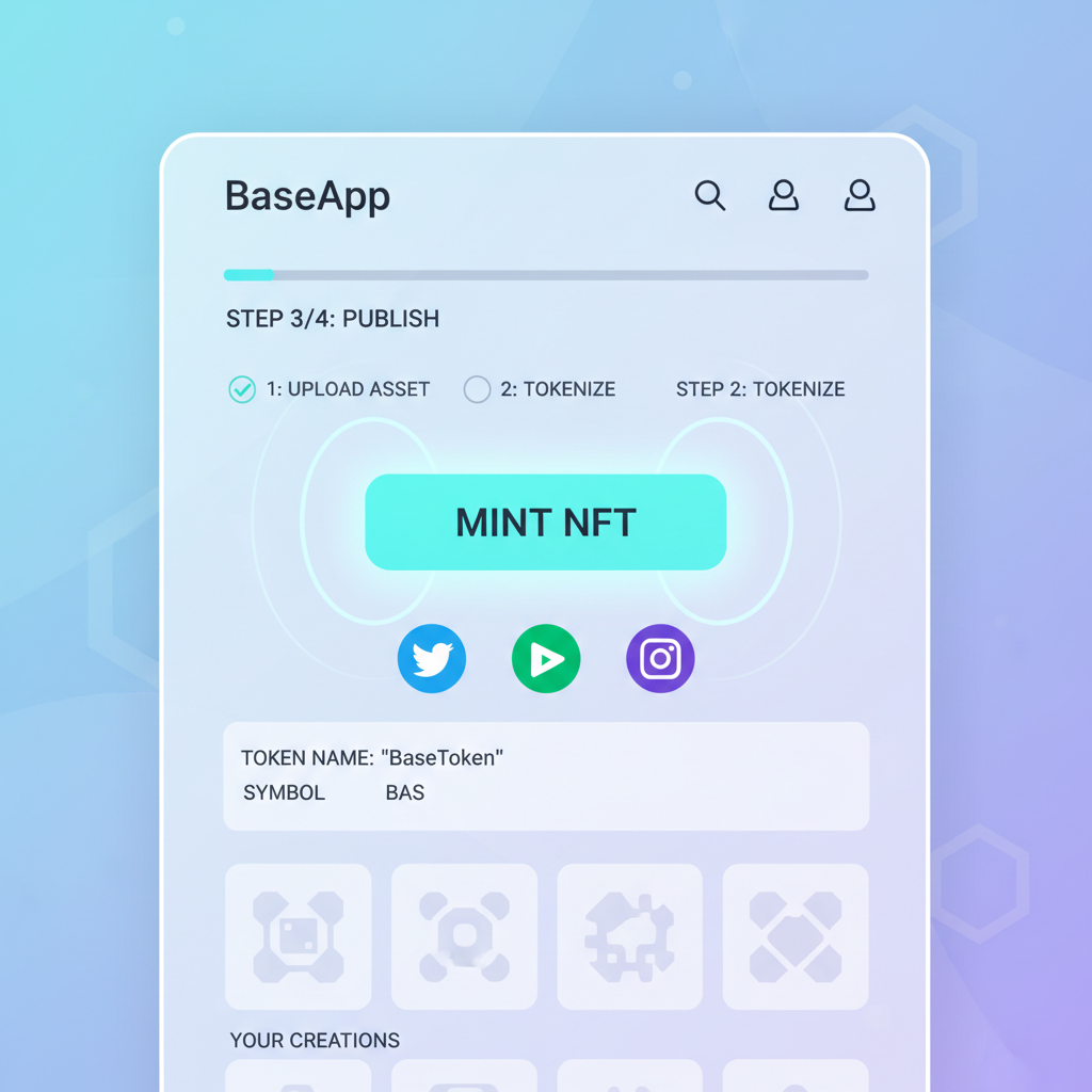 BaseApp post tokenization interface, NFT mint button glowing, social shares