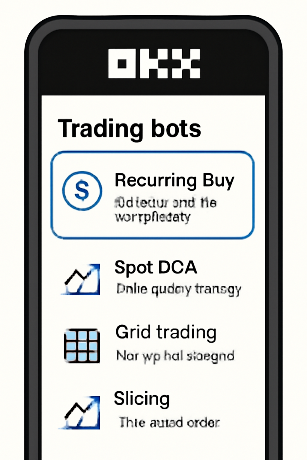 A close-up of the OKX app showing the 'Recurring Buy' bot selected among other trading bots, clear and easy to read.
