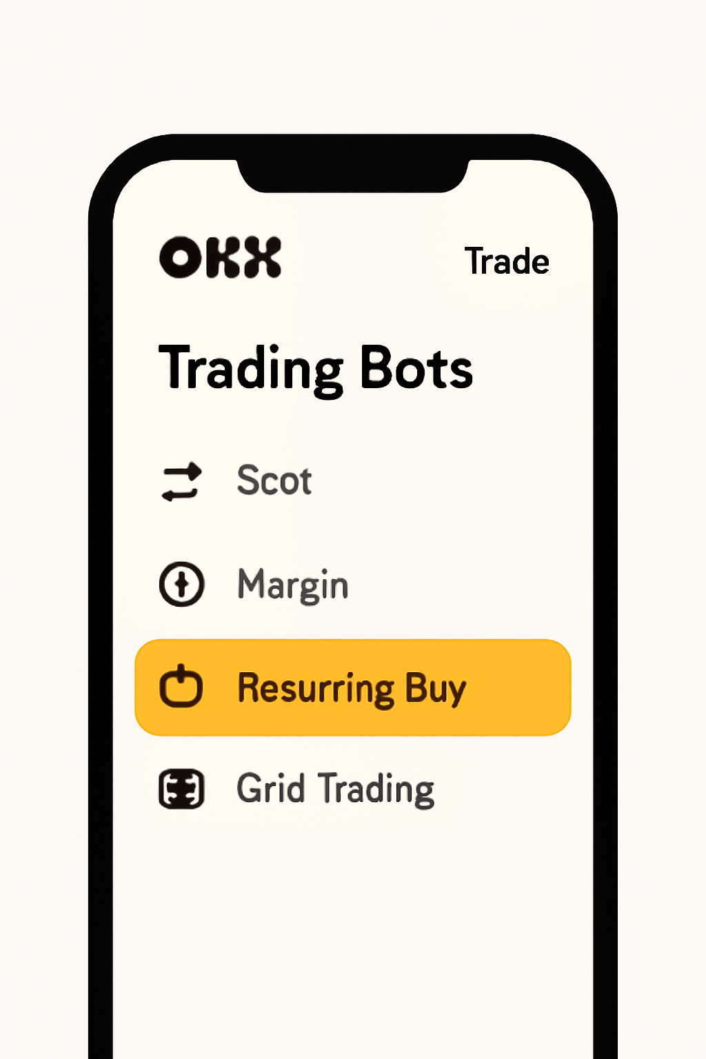A smartphone screen displaying the OKX app's 'Trade' and 'Trading Bots' menu, with the Recurring Buy option highlighted.