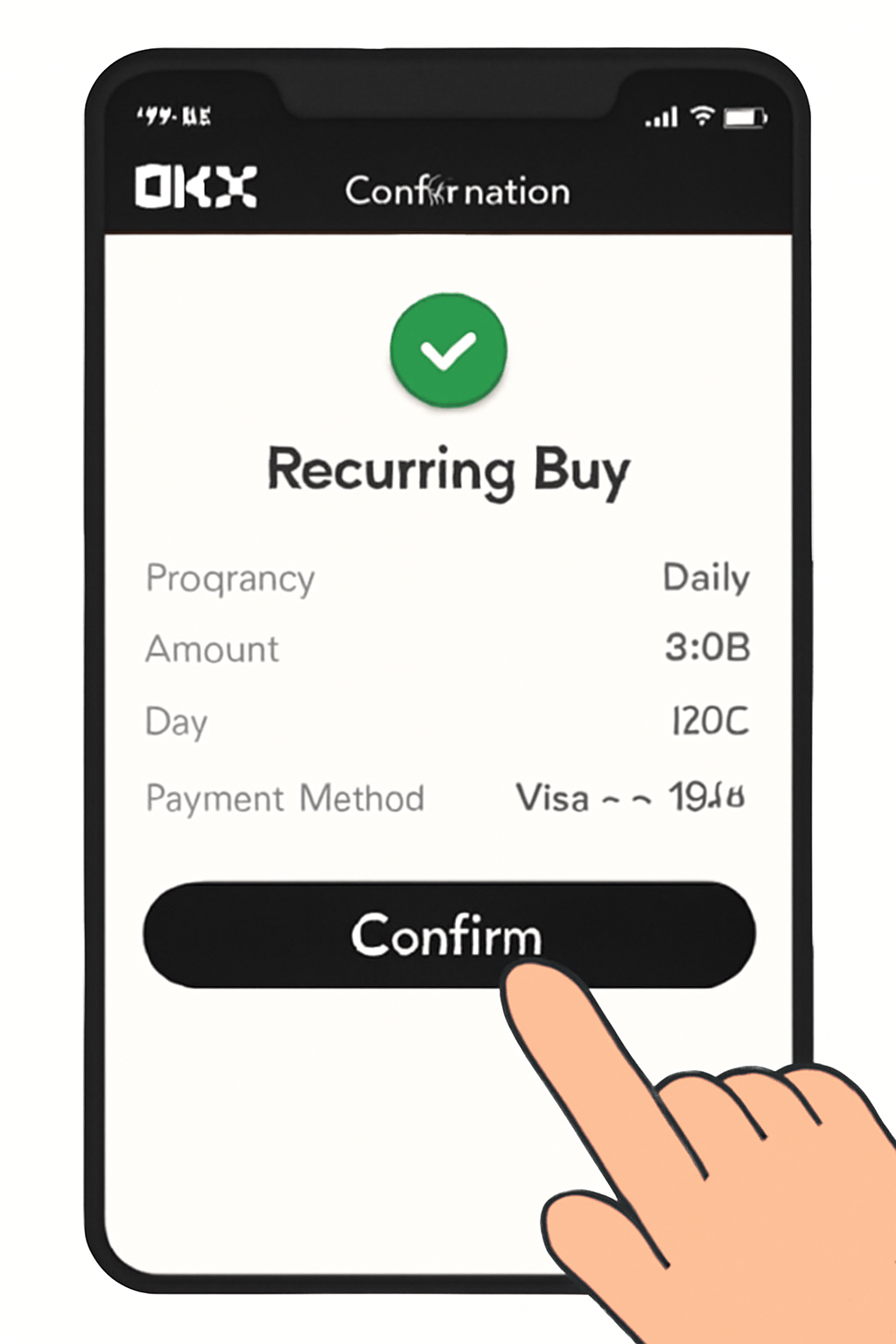A confirmation screen in the OKX app summarizing the recurring buy details, with a finger about to tap the 'Confirm' button.