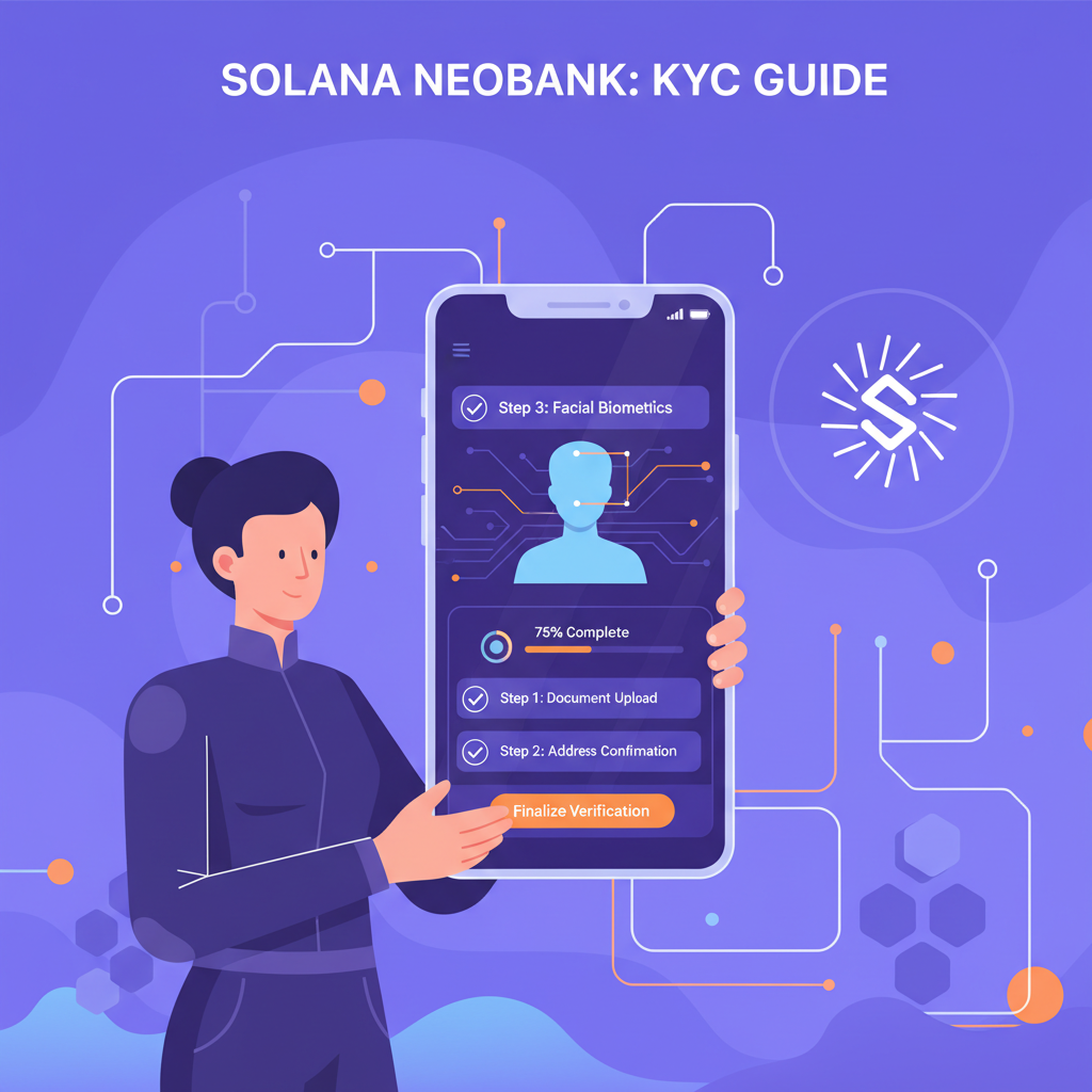 user completing KYC verification on futuristic crypto neobank app interface, Solana blockchain theme