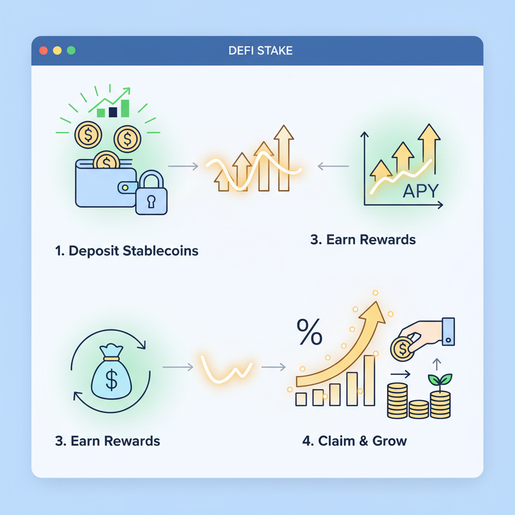 earning yields from stablecoin staking on DeFi platform, glowing yield charts