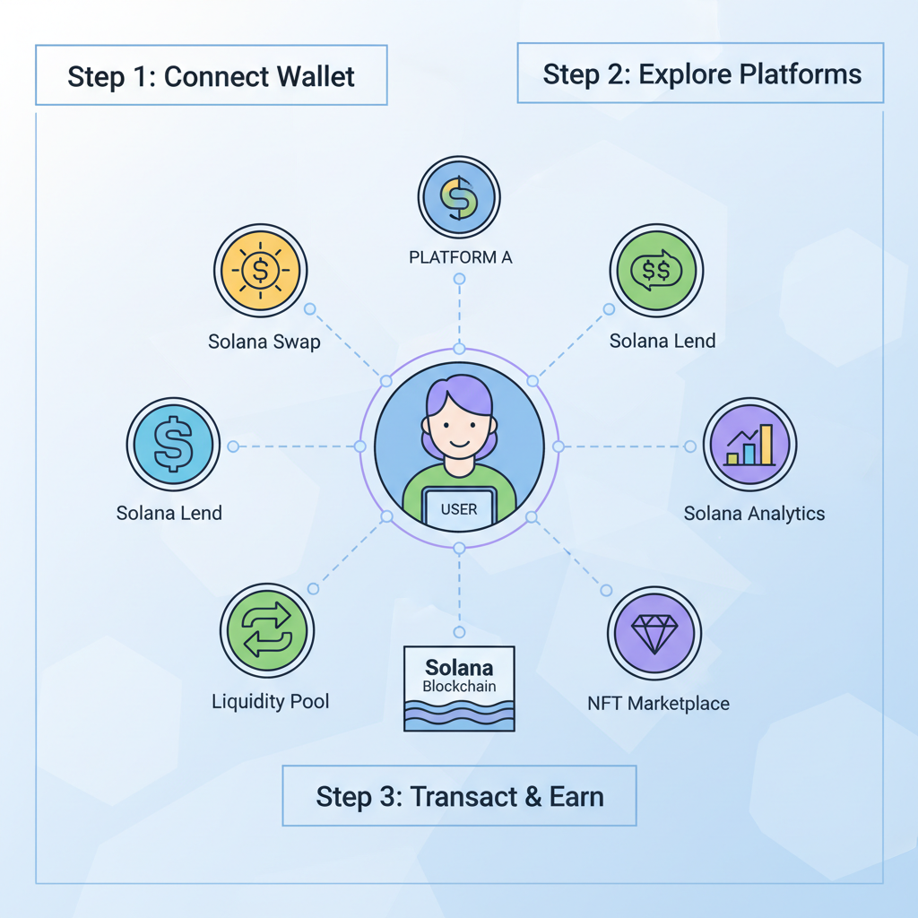 user engaging multiple DeFi platforms on Solana, network graph connections