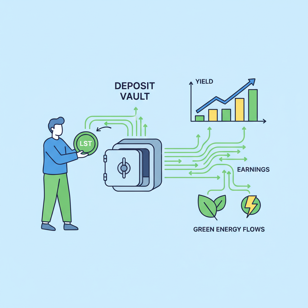 user depositing LST tokens into vault, flowing assets and yield graphs, dynamic green energy flows