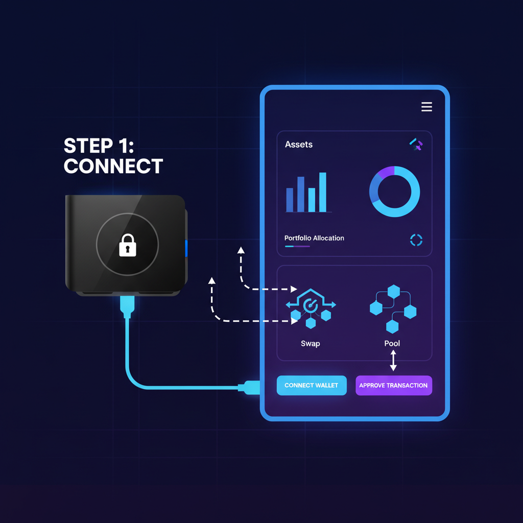 sleek crypto wallet connecting to glowing DeFi dashboard, neon blues and purples, futuristic UI