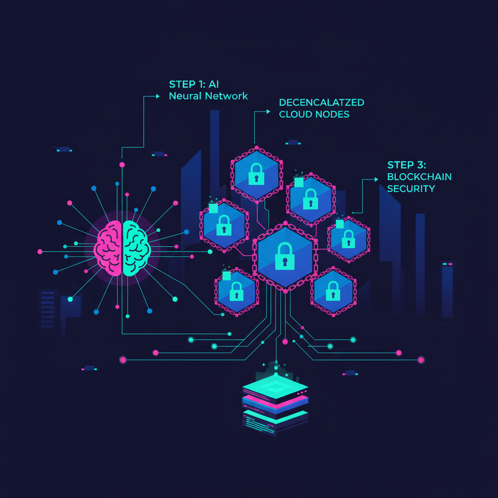 AI neural networks storing data in decentralized cloud nodes secured by blockchain, vibrant cyberpunk aesthetic