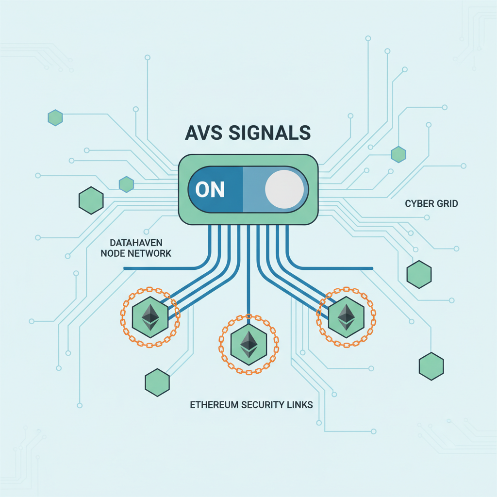 toggle switch enabling AVS signals, DataHaven node network with Ethereum security links, cyber grid