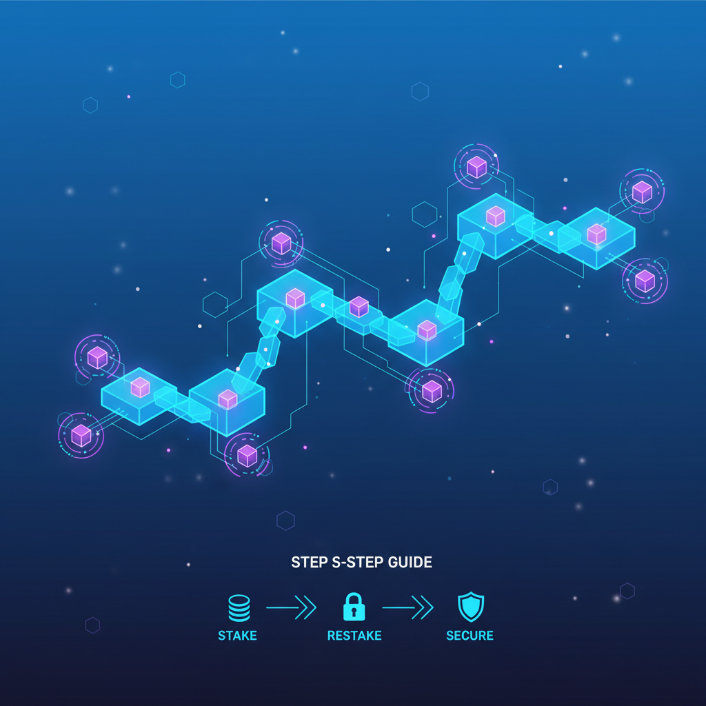 glowing Ethereum blockchain with restaking nodes and security shields, futuristic neon blue tones