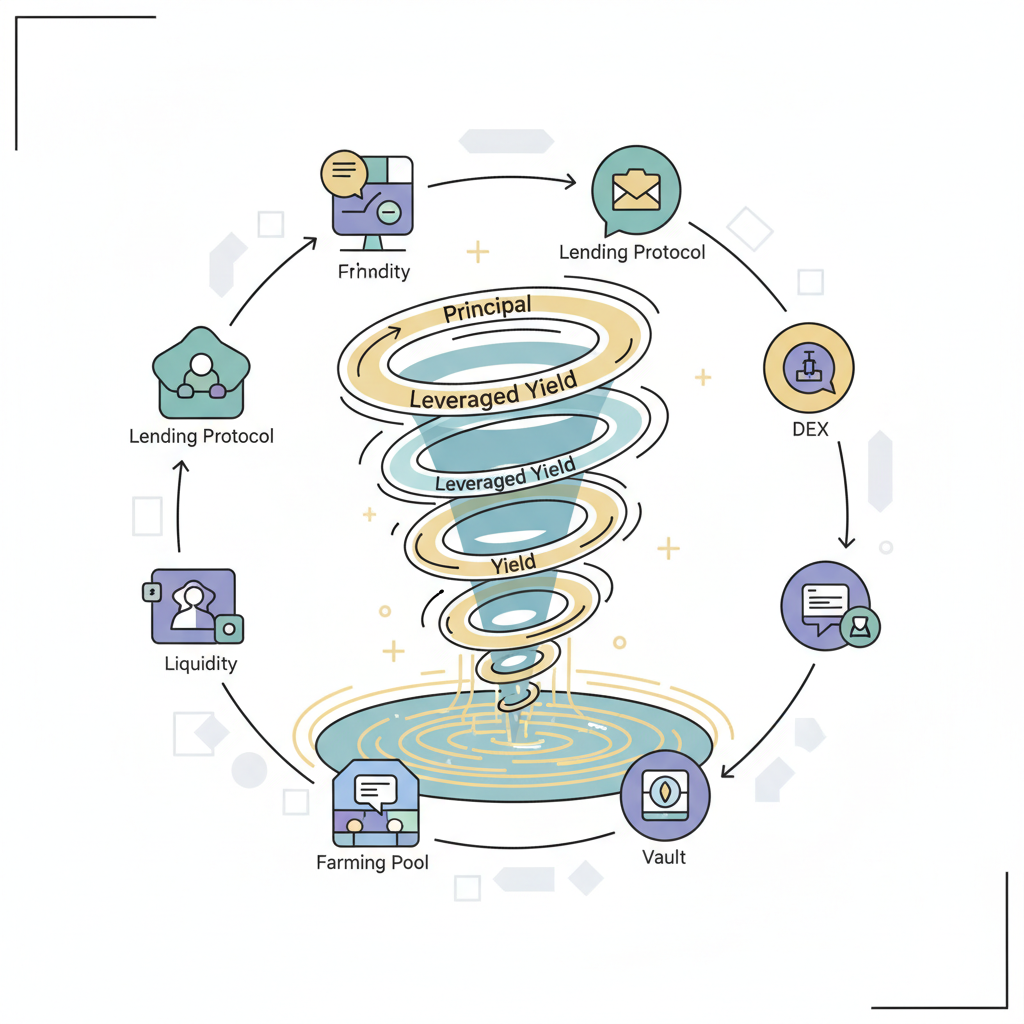 layered yield tokens rotating in a vortex of DeFi protocols, golden liquidity flows