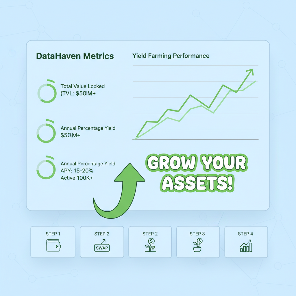 comprehensive DeFi dashboard with yield charts, DataHaven metrics, motivational green upward trends
