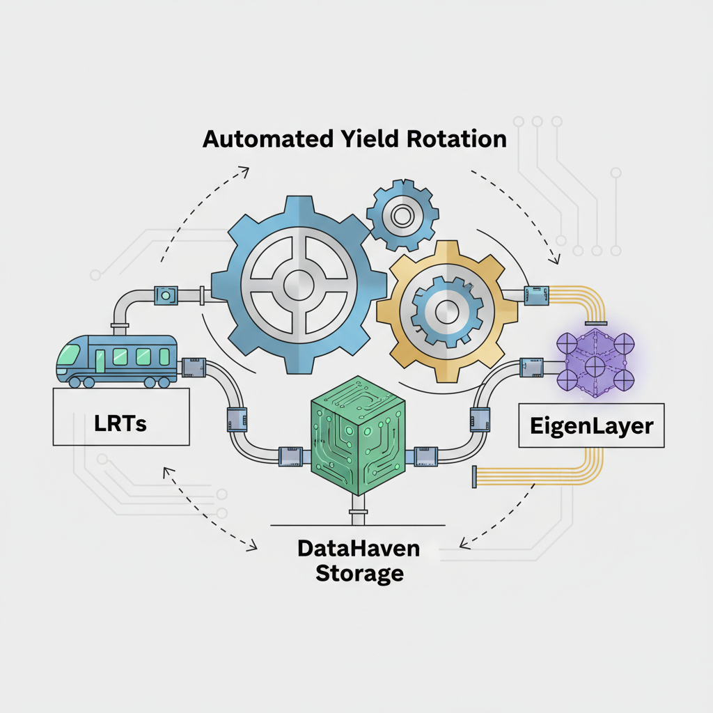 automated yield rotation gears connecting LRTs, DataHaven storage, and EigenLayer, mechanical cyber art