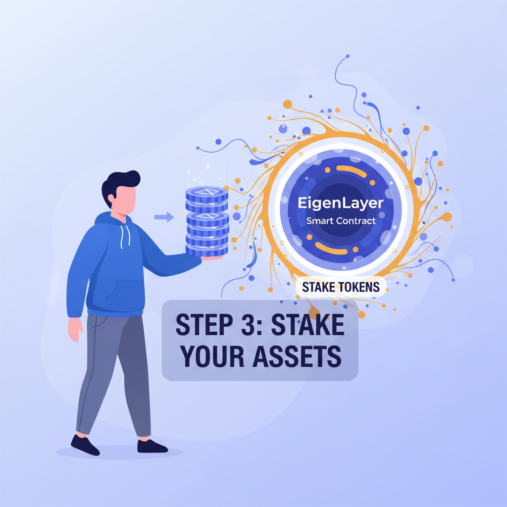 user staking crypto tokens into glowing EigenLayer smart contract portal, dynamic particle effects