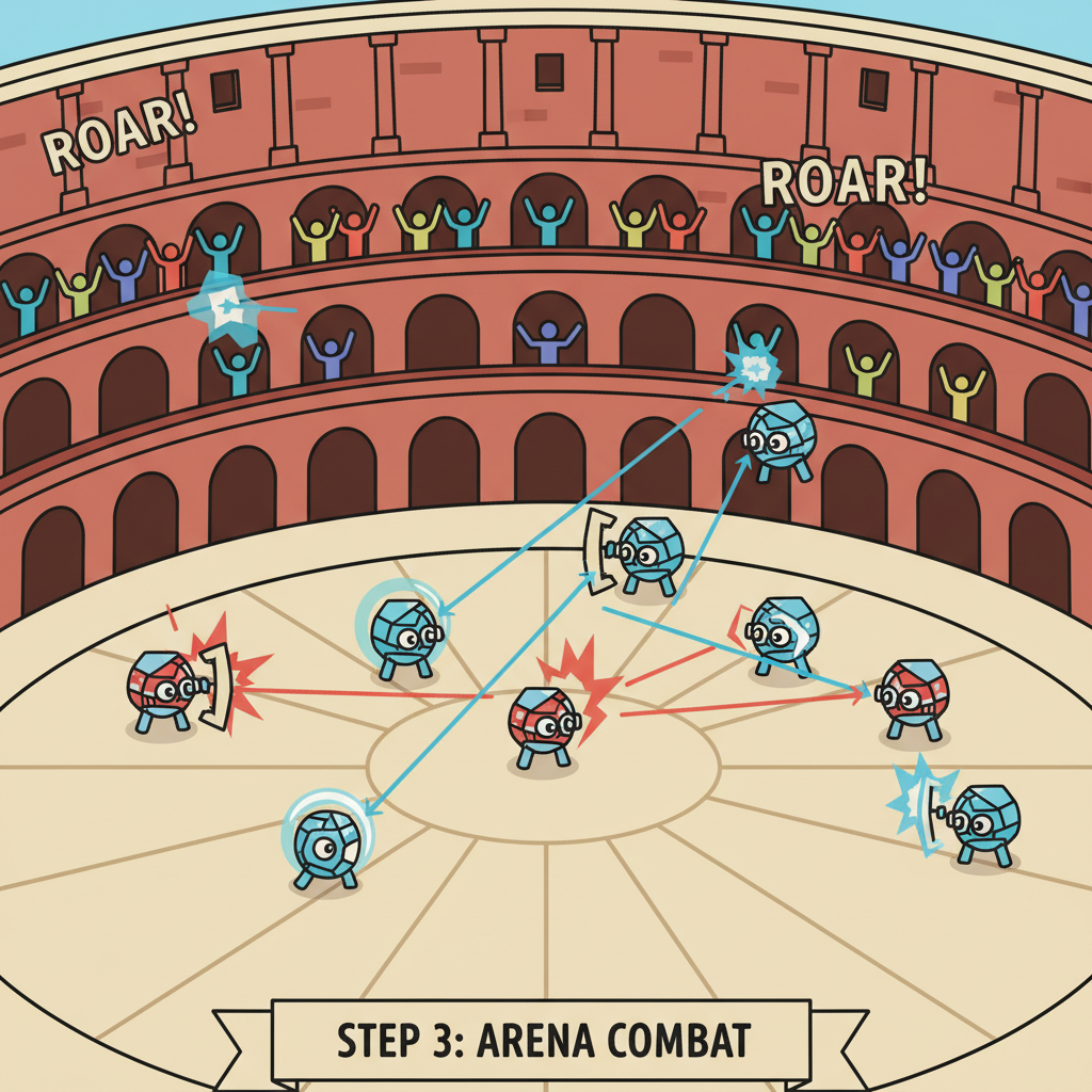 epic coliseum arena with AI Mokis clashing in laser battles, crowd roaring