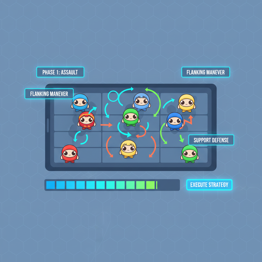 strategic digital lineup board with Moki avatars, tactical overlays glowing