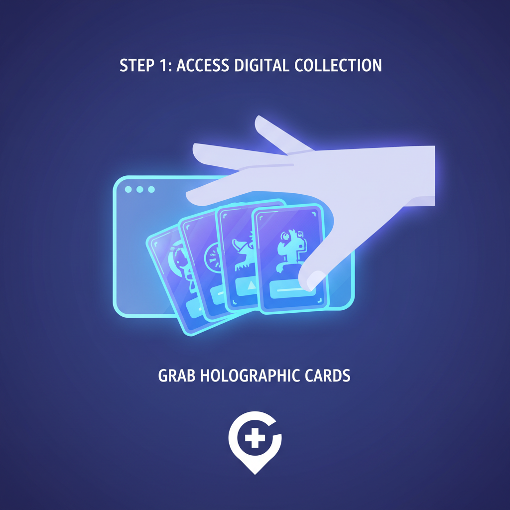 hand grabbing holographic trading cards from digital collection, futuristic glow