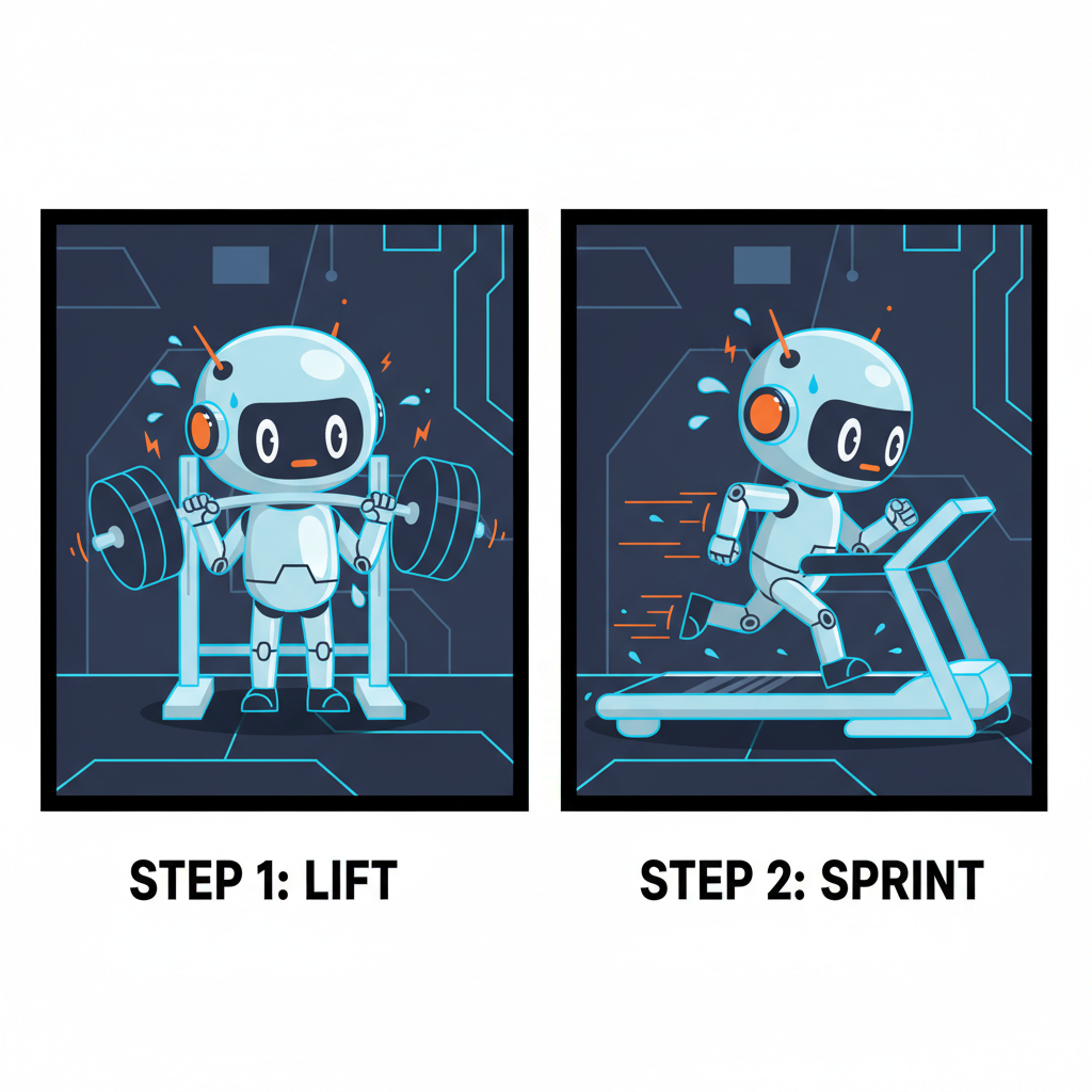 robotic Moki lifting weights and sprinting in high-tech gym, sweat sparks flying