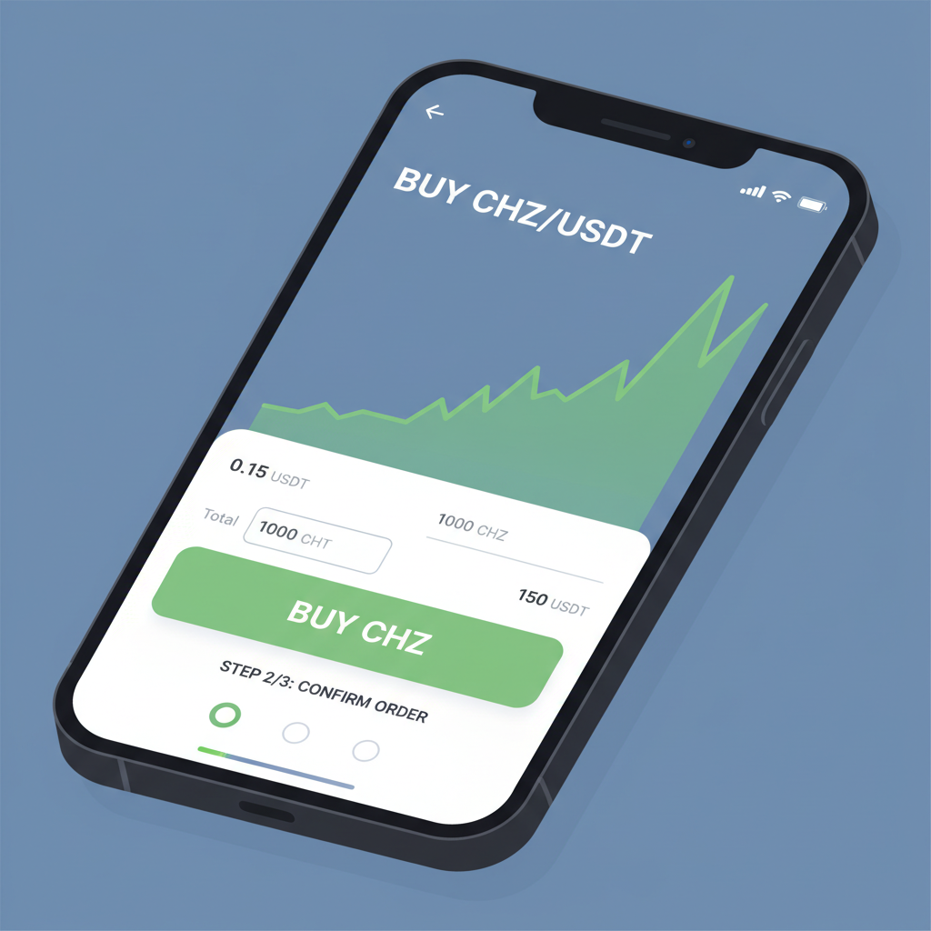 smartphone screen showing crypto exchange app buying CHZ token with green chart