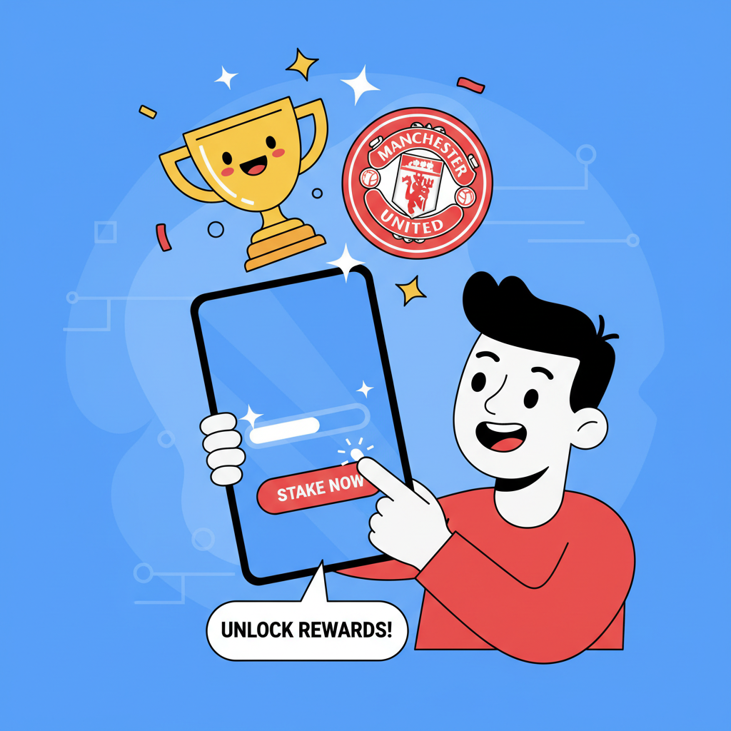 excited fan staking tokens on phone, unlocking rewards trophy and Manchester United badge