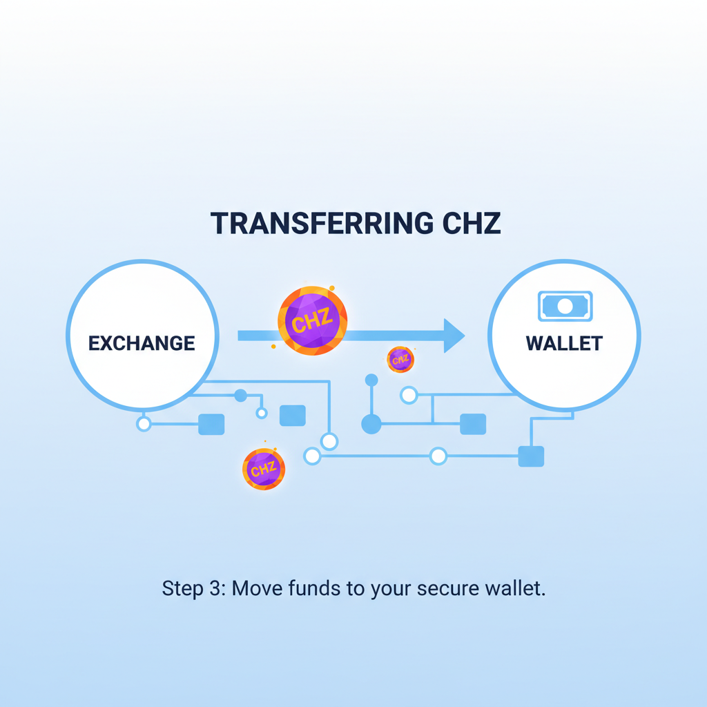 arrow from exchange to wallet transferring glowing CHZ coins on blockchain network
