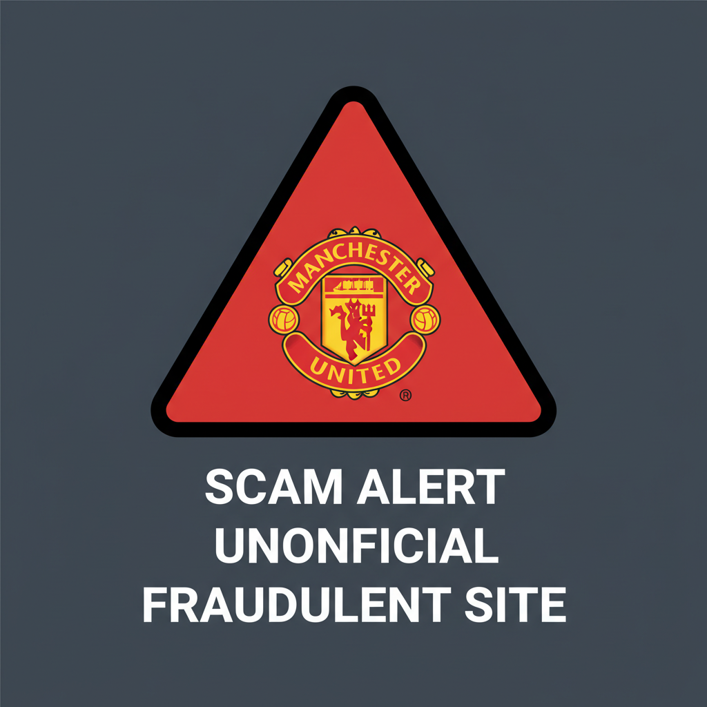 red warning sign with Manchester United soccer crest and scam alert text, dark background