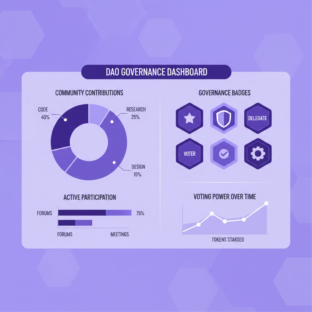DAO governance criteria dashboard, charts of contributions and badges, ethereum purple hues --ar 16:9