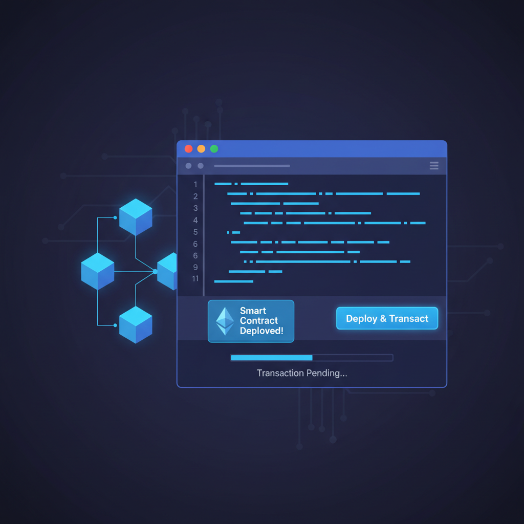 futuristic ethereum smart contract deployment in remix ide, glowing blue code, blockchain nodes --ar 16:9