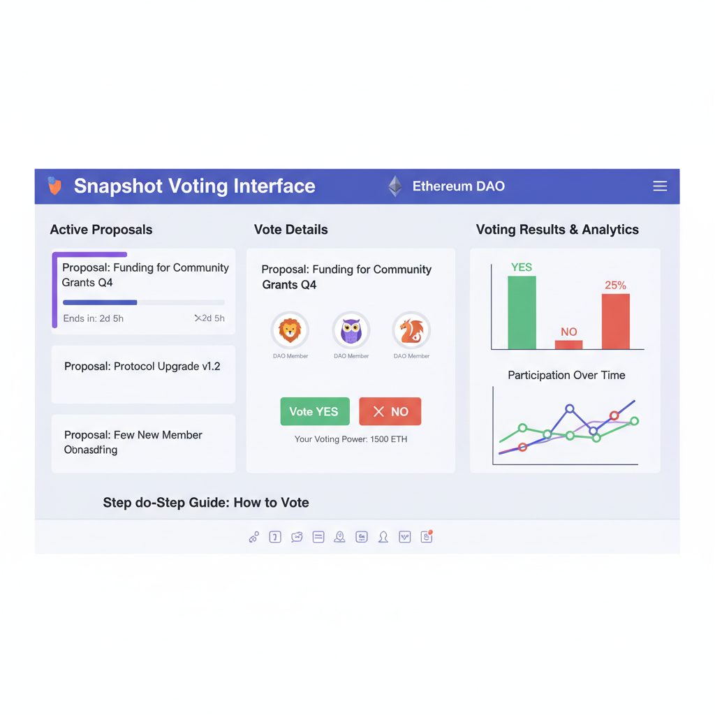 snapshot voting interface with nft badges, ethereum dao members voting, dynamic graphs --ar 16:9