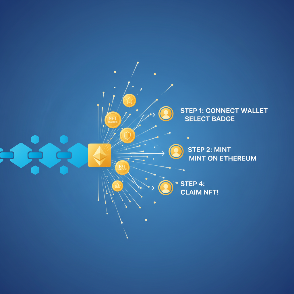 minting nft badges on ethereum, golden tokens emerging from blockchain, celebratory light effects --ar 16:9