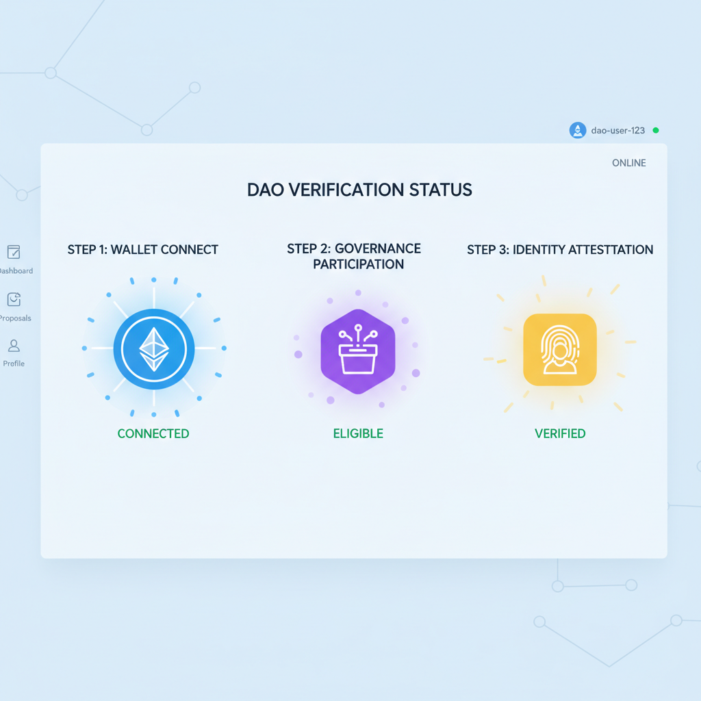ethereum dao verification dashboard, nft badges glowing verified, security shields --ar 16:9